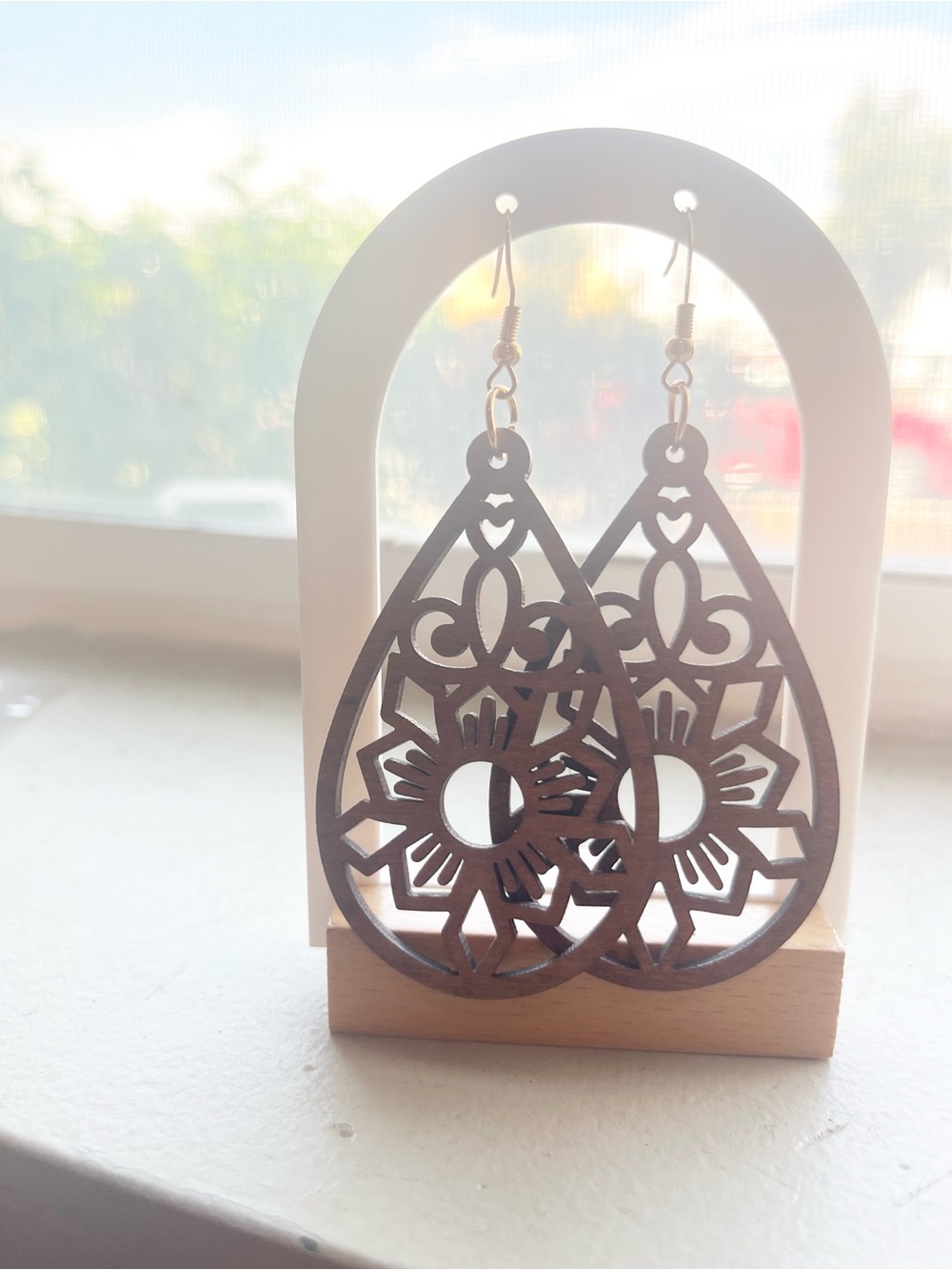 Boho Teardrop Wooden Filigree Earrings